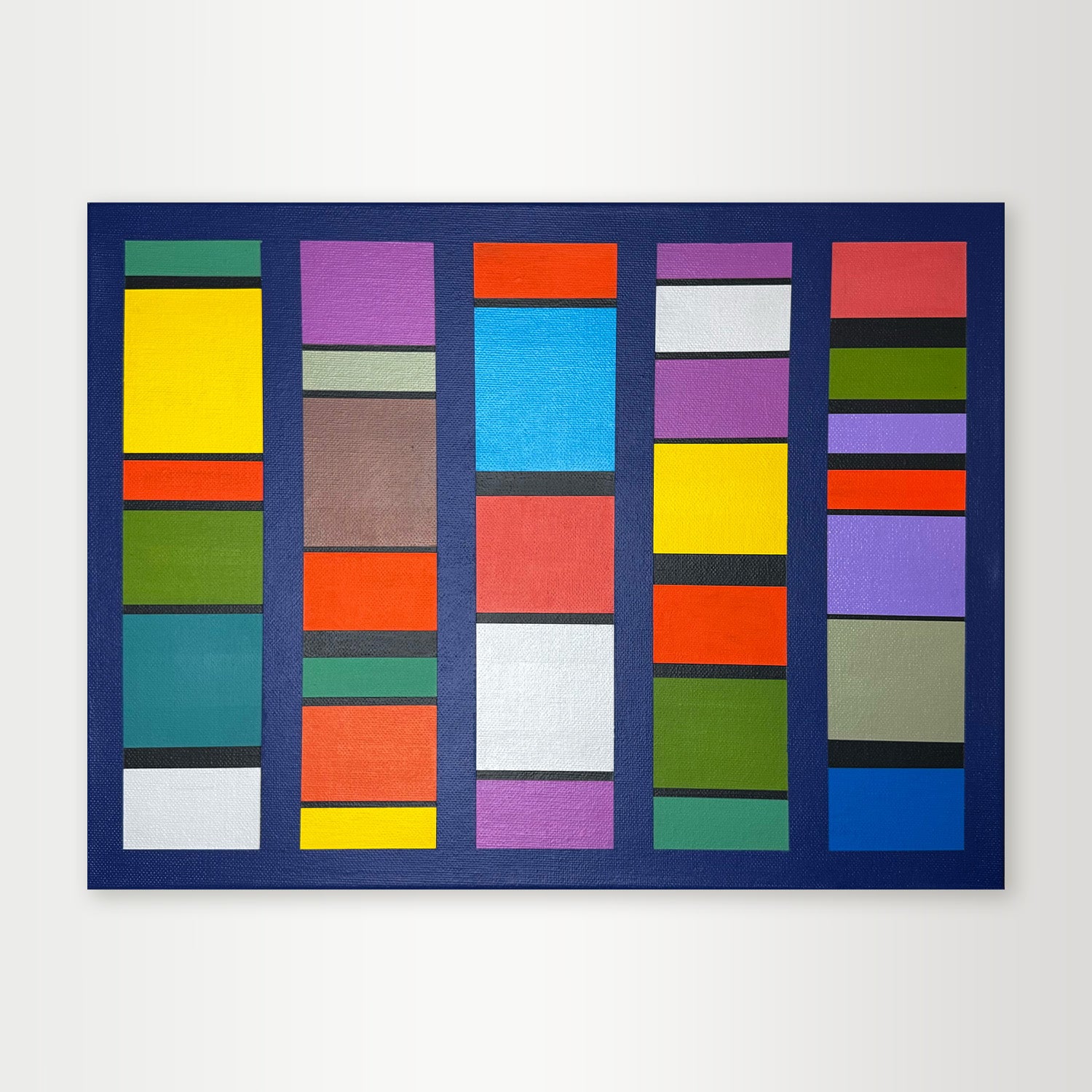 "Pulse-Patterns" - A vibrant hard-edge geometric abstract by Elena Alexander, featuring a rhythmic grid of multi-colored blocks in blue, red, yellow, and green.