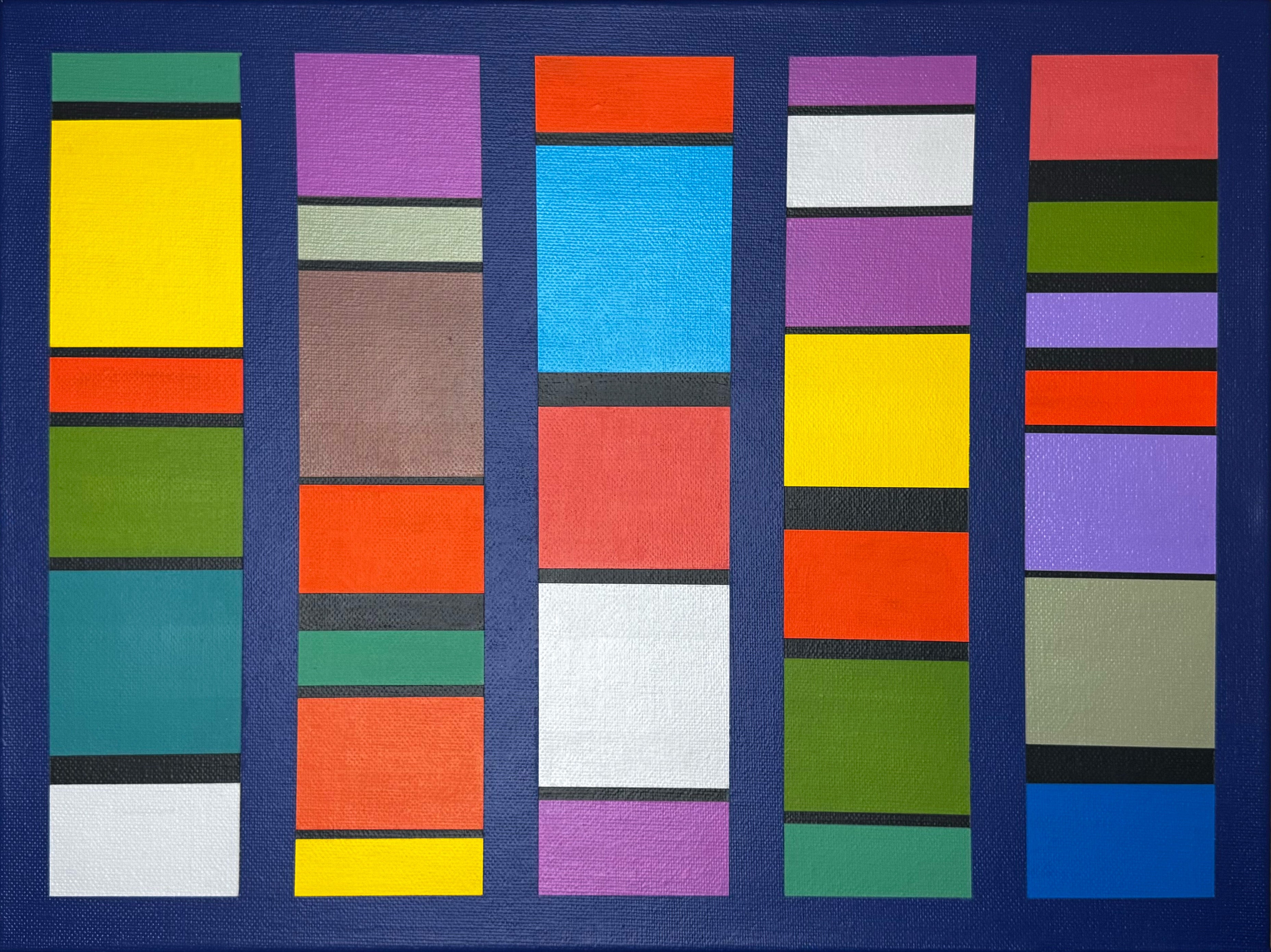 A detailed studio view of the "Pulse-Patterns" painting, showcasing its complex patchwork of vibrant, hard-edge color blocks in a modern grid composition.
