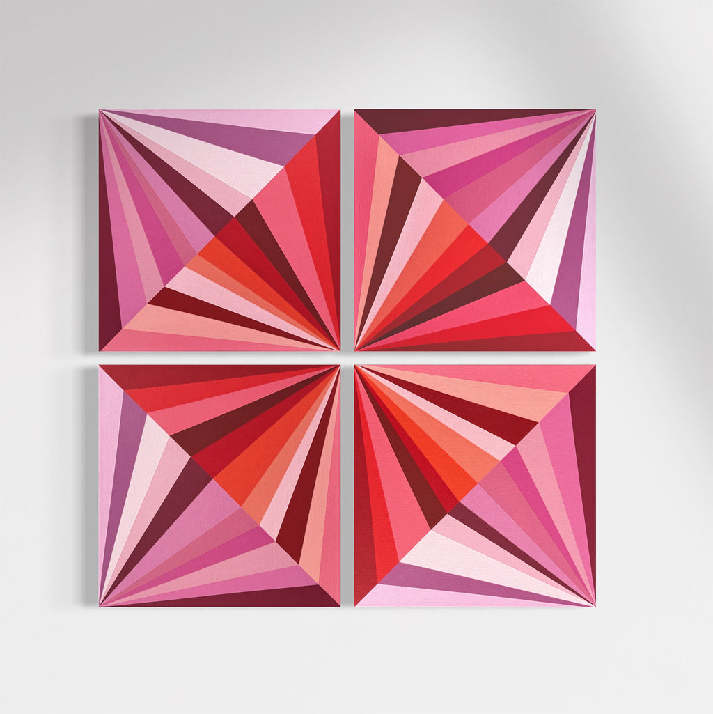 Raspberry Gems | 4-Panel Geometric Abstract Art in Pink & Red