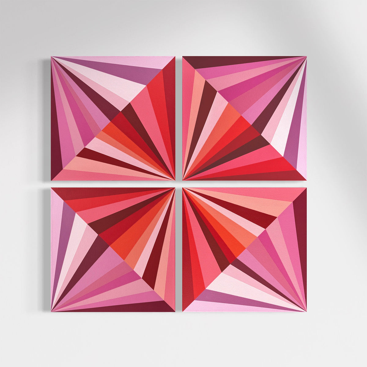 Raspberry Gems | 4-Panel Geometric Abstract Art in Pink & Red