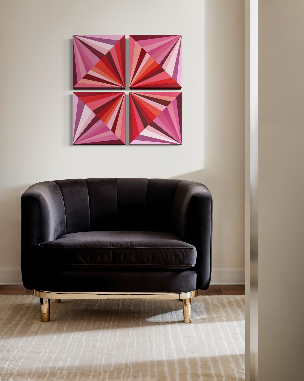 Raspberry Gems | 4-Panel Geometric Abstract Art in Pink & Red