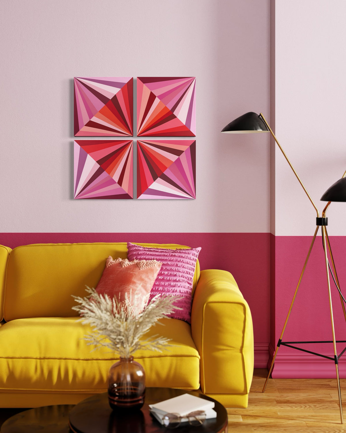 Raspberry Gems | 4-Panel Geometric Abstract Art in Pink & Red