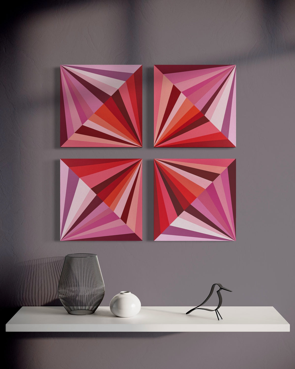 Raspberry Gems | 4-Panel Geometric Abstract Art in Pink & Red
