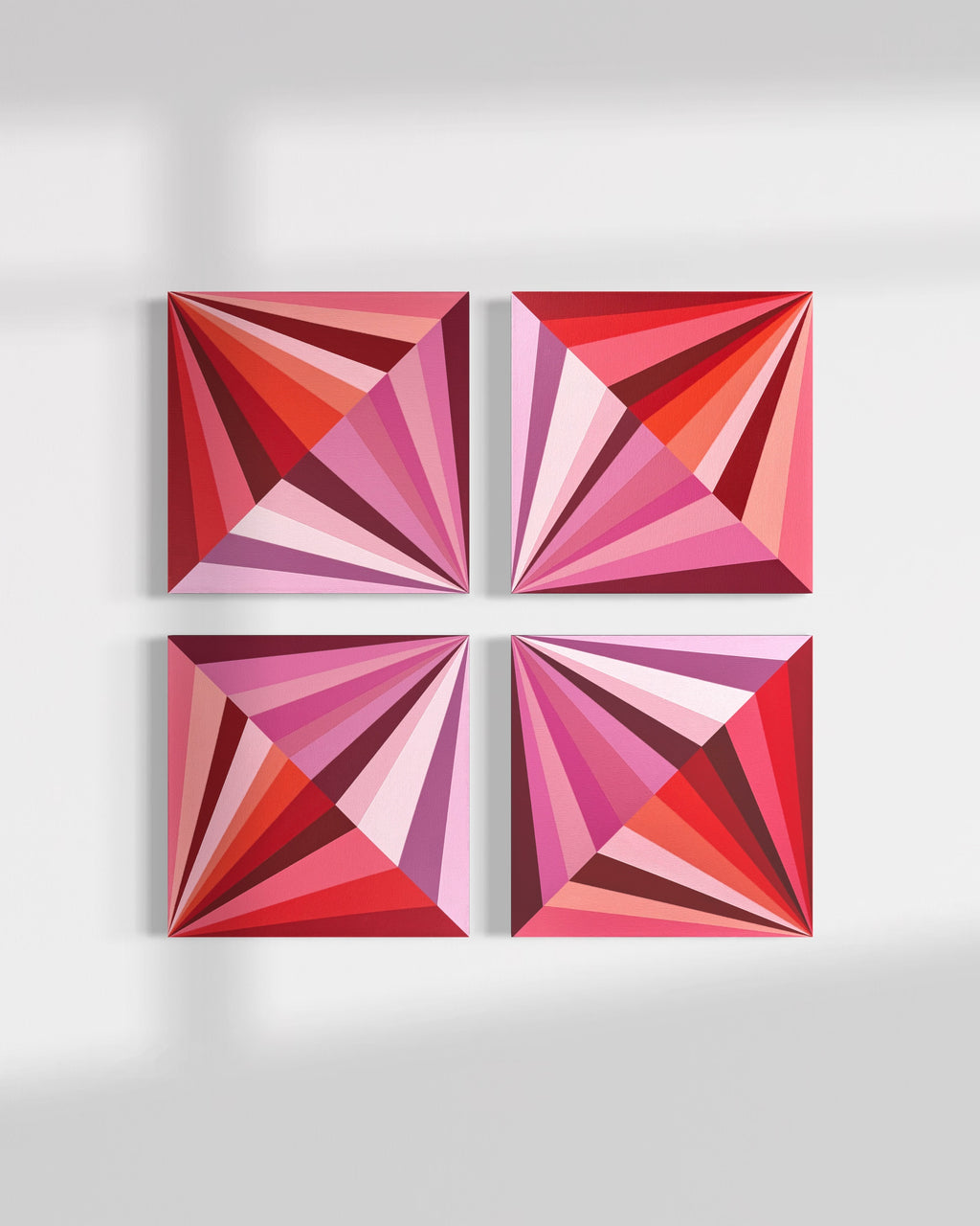 Raspberry Gems | 4-Panel Geometric Abstract Art in Pink & Red