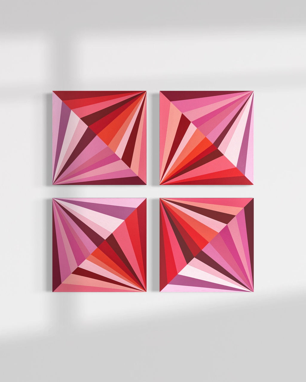 Raspberry Gems | 4-Panel Geometric Abstract Art in Pink & Red