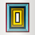 "Red-Blue-Yellow" - A bold hard-edge geometric abstract by Elena Alexander, featuring a classic primary color palette of red, blue, and yellow in a concentric square composition.