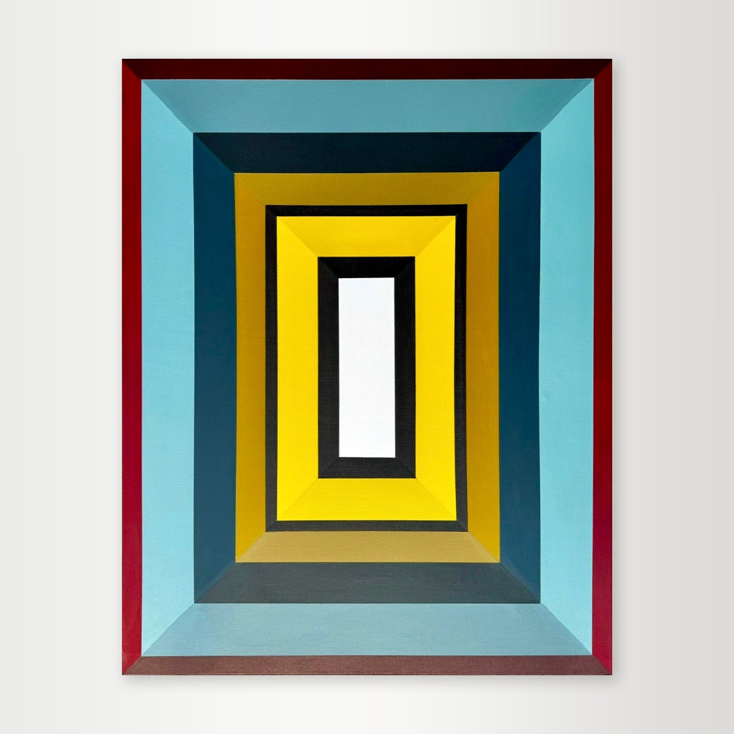 "Red-Blue-Yellow" - A bold hard-edge geometric abstract by Elena Alexander, featuring a classic primary color palette of red, blue, and yellow in a concentric square composition.