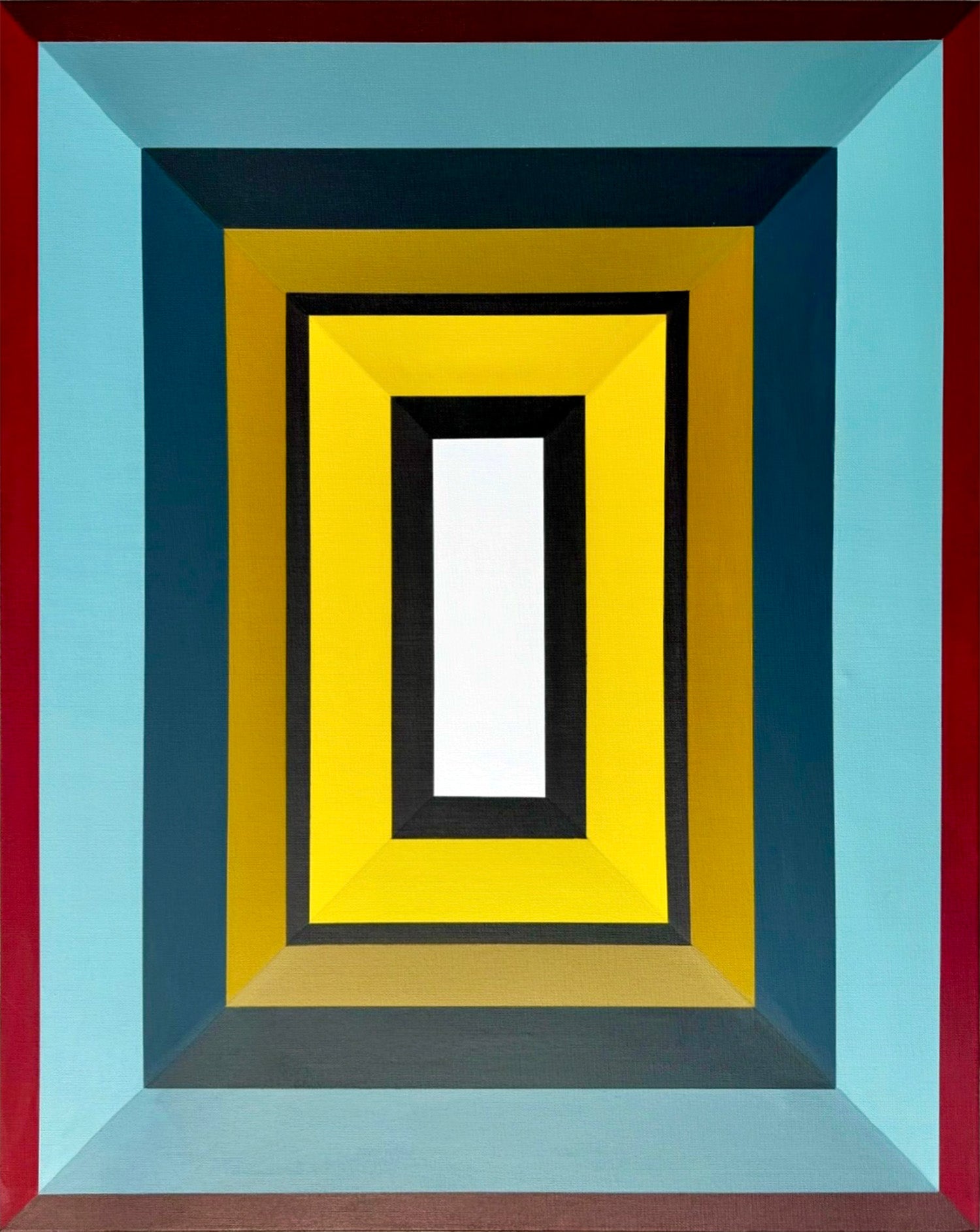Hard-edge geometric abstract painting ‘Red, Blue, Yellow’ by Elena Alexander, layered rectangular forms in primary colors with black and white contrasts, acrylic on canvas.”