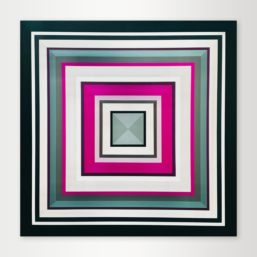 "Tell-Me-More" - A striking hard-edge geometric abstract by Calgary artist Elena Alexander, featuring a vibrant magenta square framed by layers of cool sage green and evergreen.