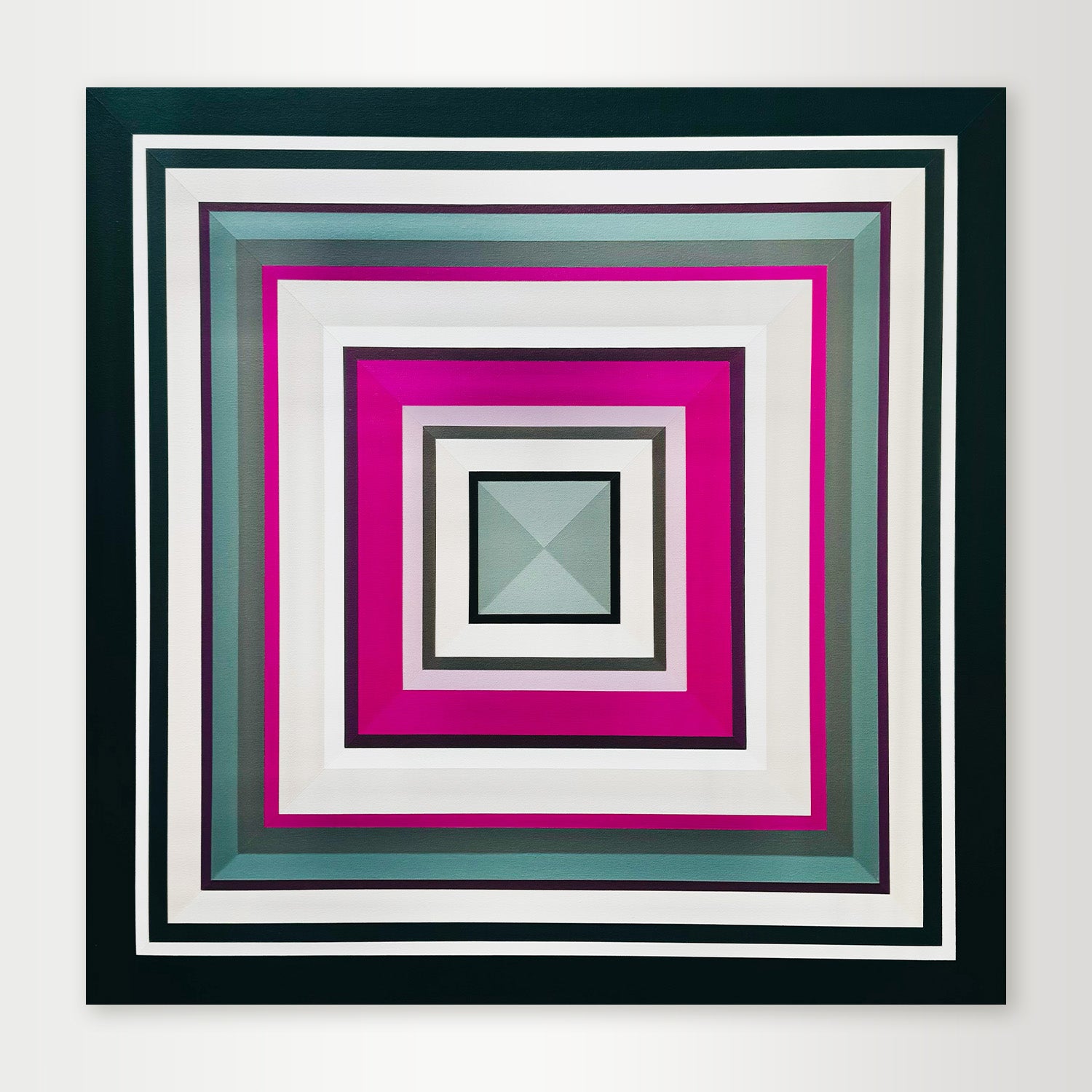 "Tell-Me-More" - A striking hard-edge geometric abstract by Calgary artist Elena Alexander, featuring a vibrant magenta square framed by layers of cool sage green and evergreen.
