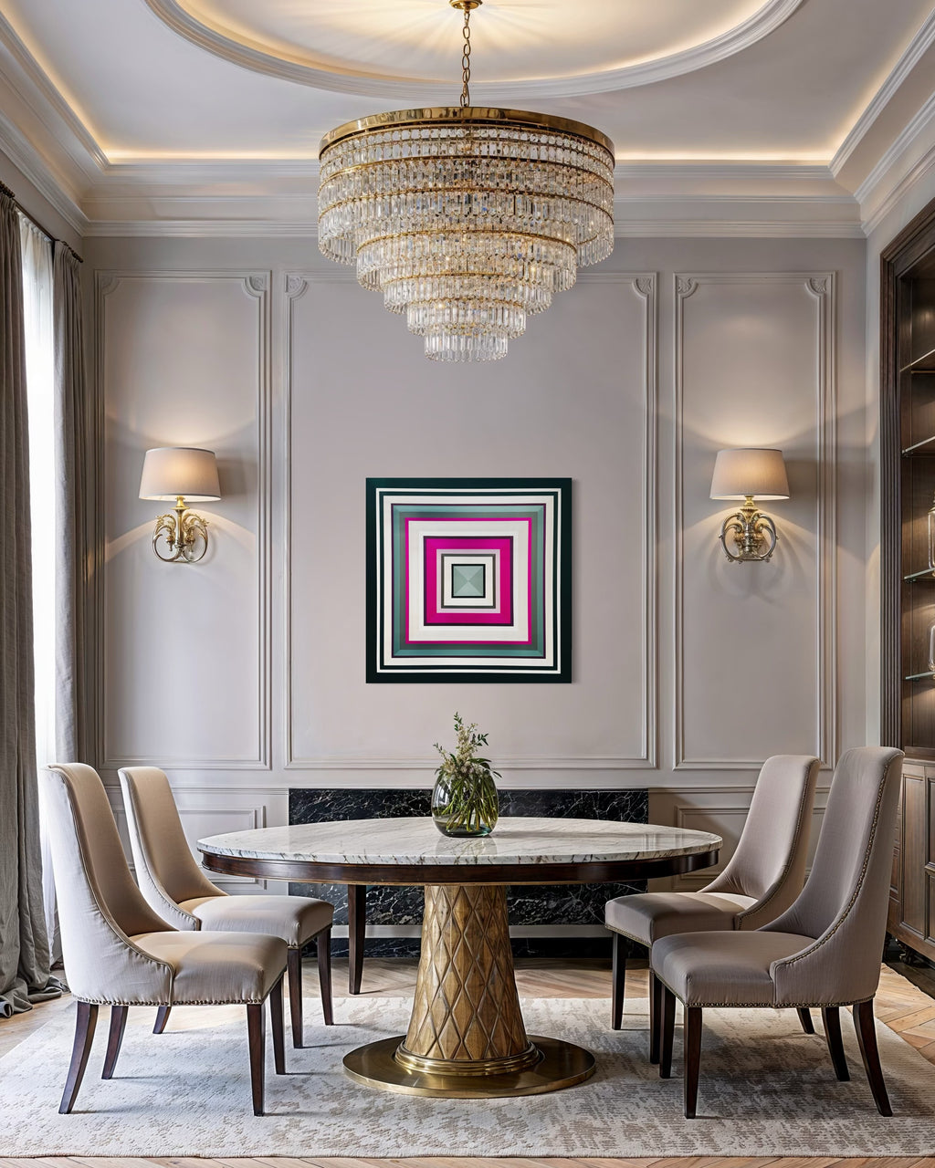 Elegant dining room with marble table, chairs, and chandelier and an abstract painting ‘Tell Me More’ by Elena Alexander.
