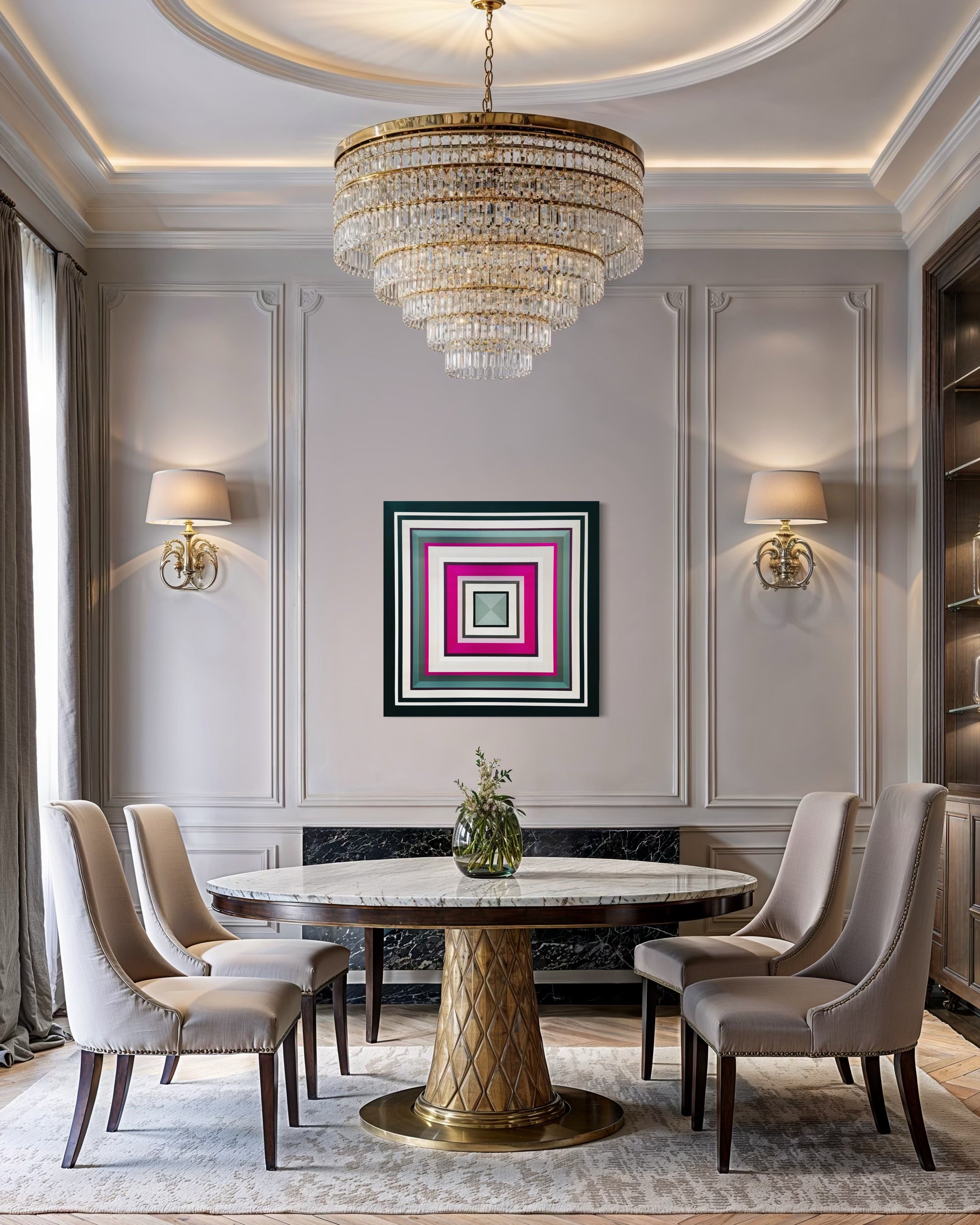 Elegant dining room with marble table, chairs, and chandelier and an abstract painting ‘Tell Me More’ by Elena Alexander.