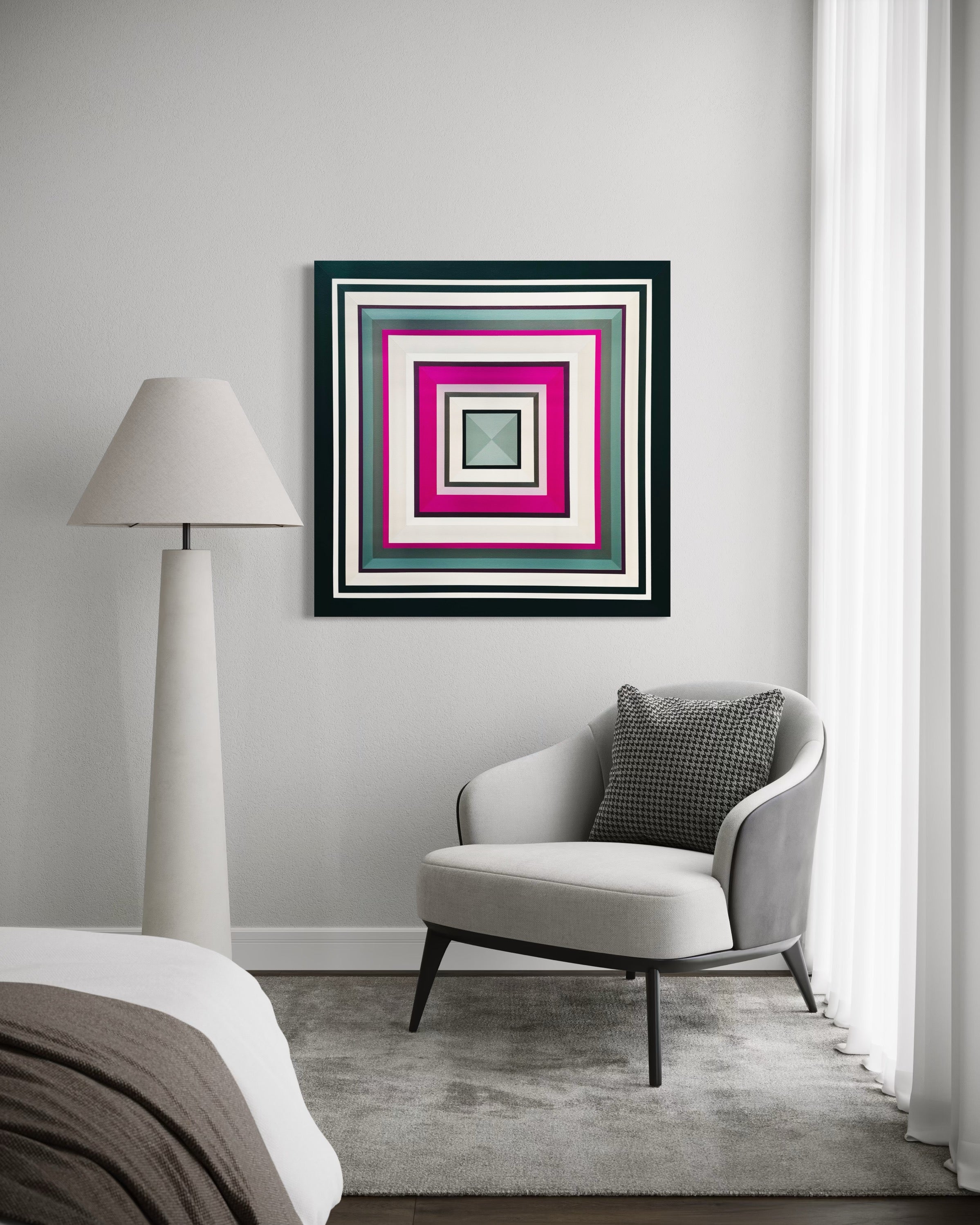 Modern room with a chair, lamp, and abstract painting ‘Tell Me More’ by Elena Alexander on the wall.