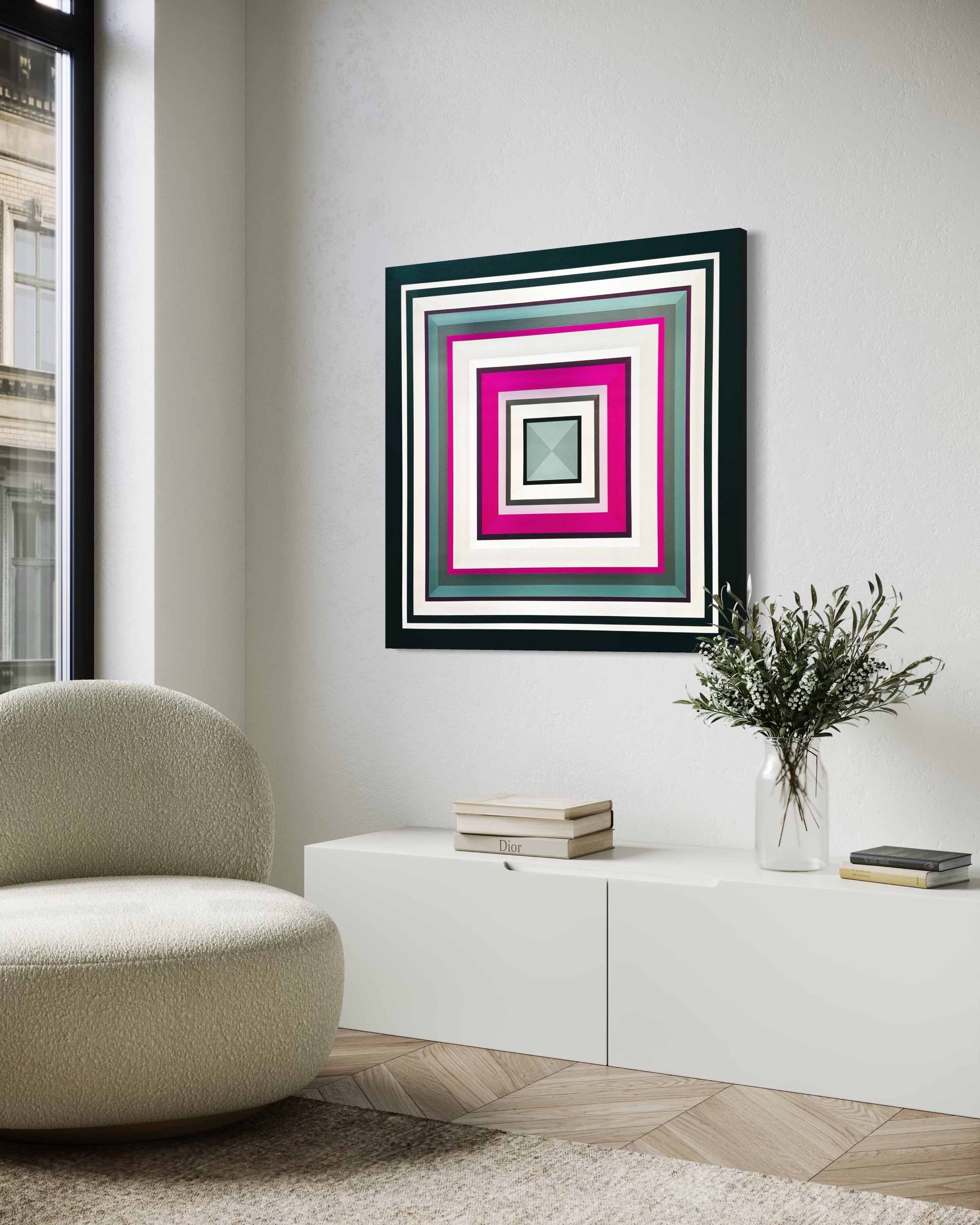 Modern living room with abstract painting ‘Tell Me More’ by Elena Alexander on the wall and a vase with flowers on a cabinet.