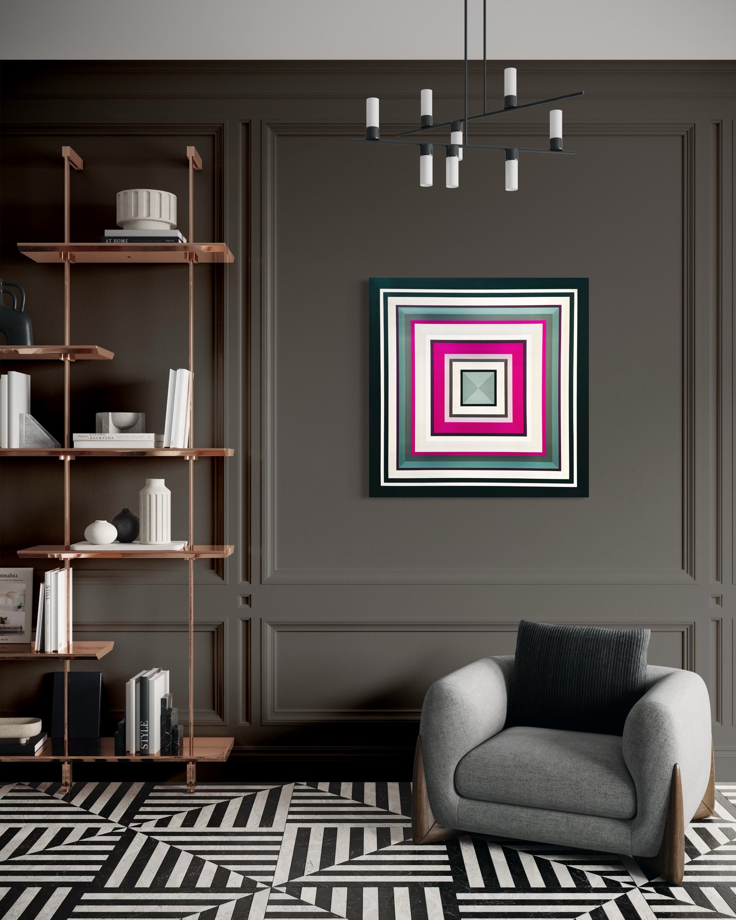 Modern living room with a gray armchair, abstract painting ‘Tell Me More’ by Elena Alexander on the wall, and a wooden shelf.