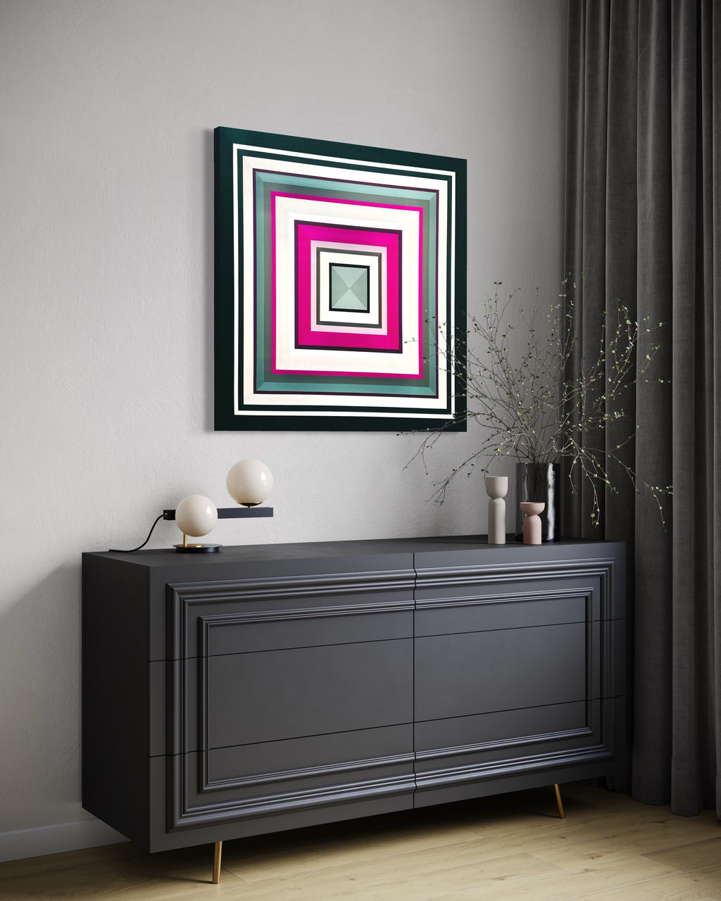 Modern interior with a dark gray sideboard, Original geometric abstract painting ‘Tell Me More’ by Elena Alexander and decorative items.