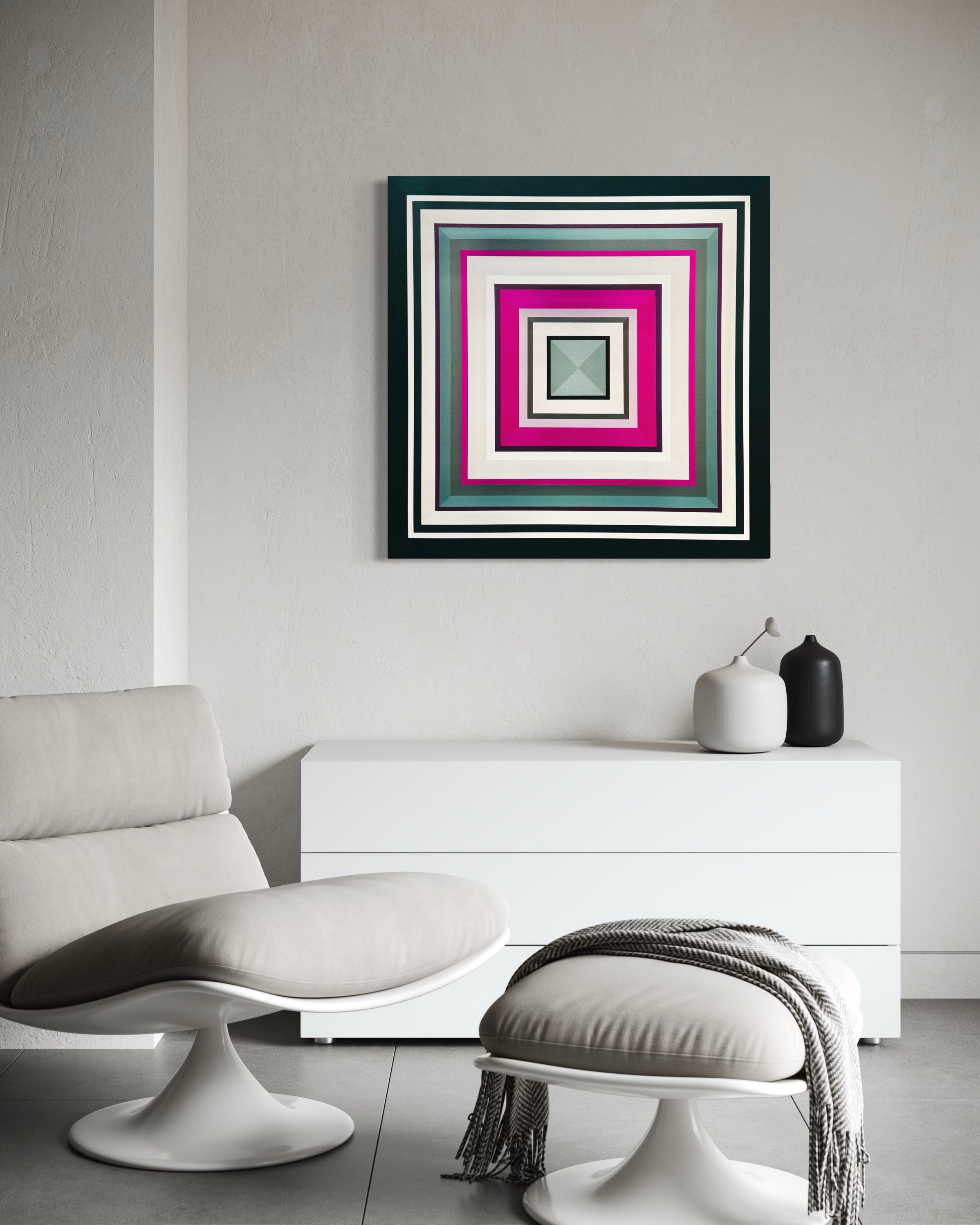 Modern living room with a colorful original geometric abstract painting ‘Tell Me More’ by Elena Alexanderon the wall.