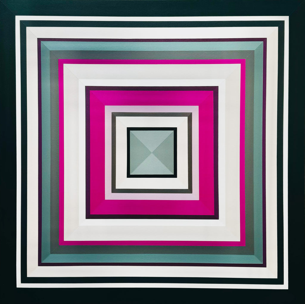 Original geometric abstract painting ‘Tell Me More’ by Elena Alexander in sage green, evergreen, and barbie pink, 36x36 inches.