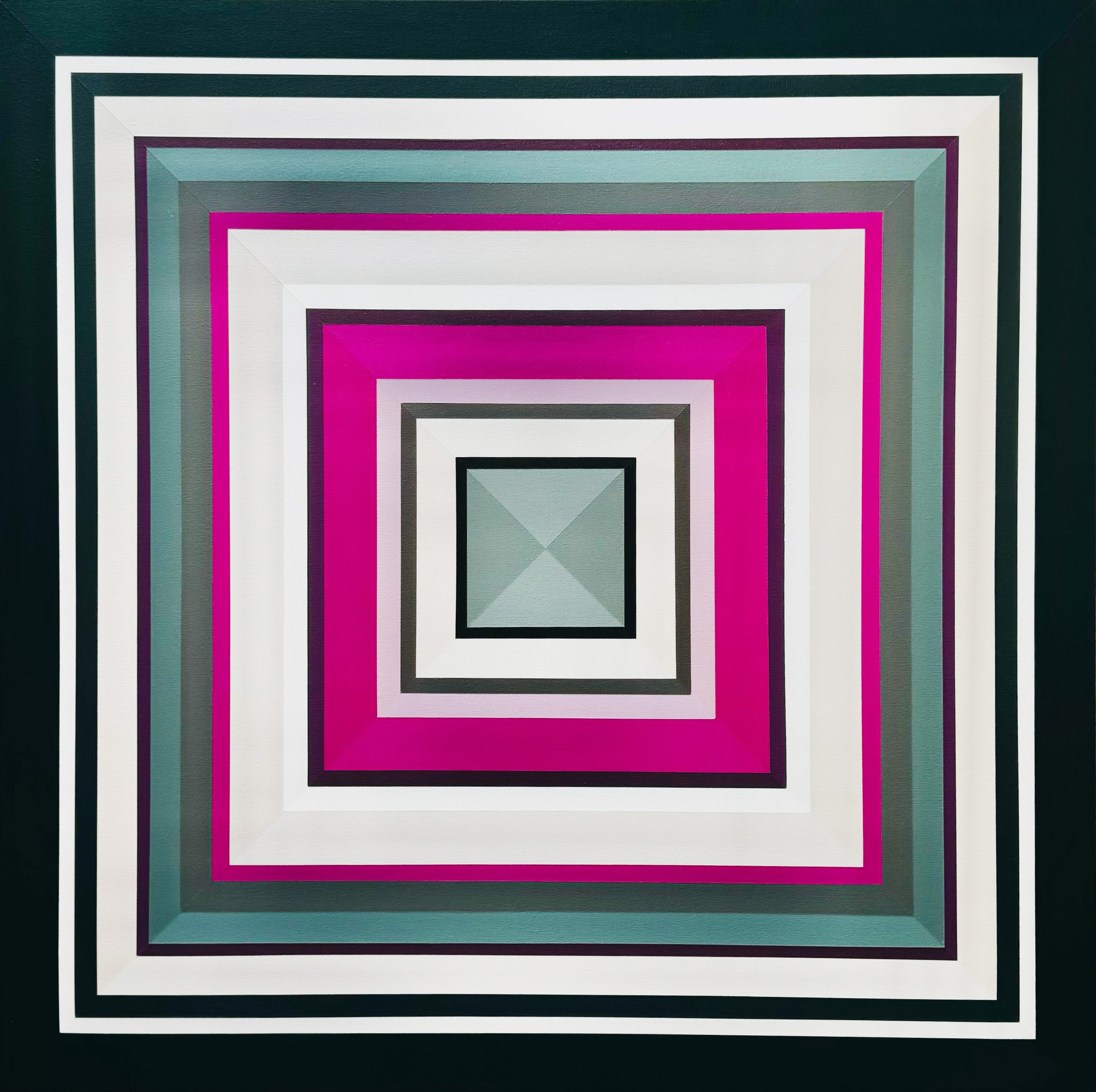 Original geometric abstract painting ‘Tell Me More’ by Elena Alexander in sage green, evergreen, and barbie pink, 36x36 inches.