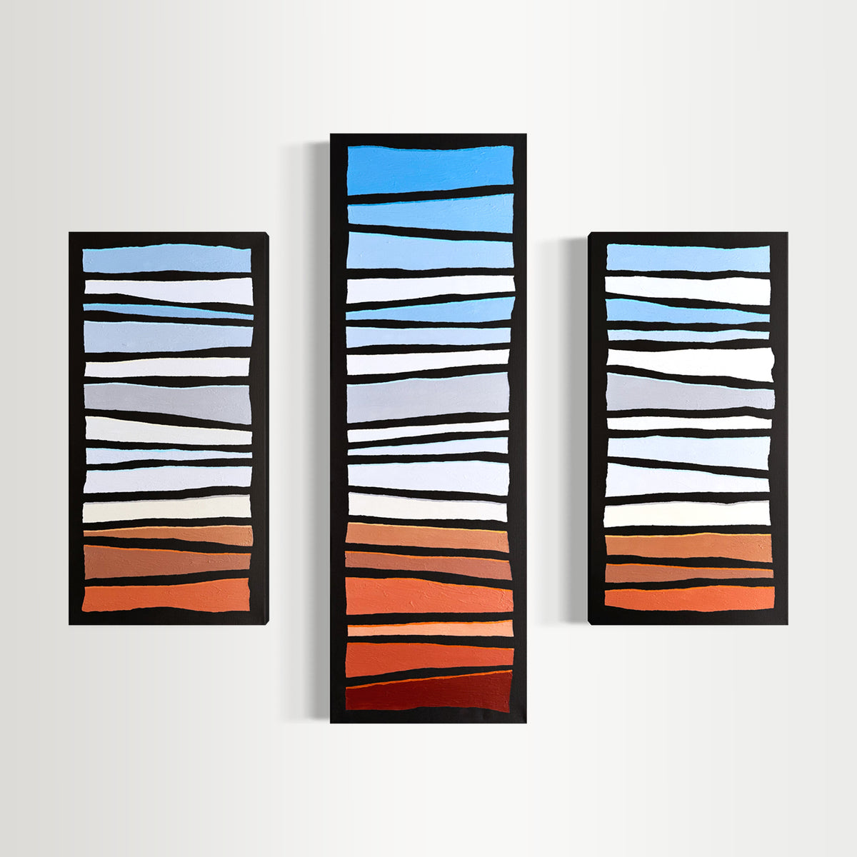 Pop Stripes: Terracotta Horizon - Three-panel Geometric Abstract Landscape