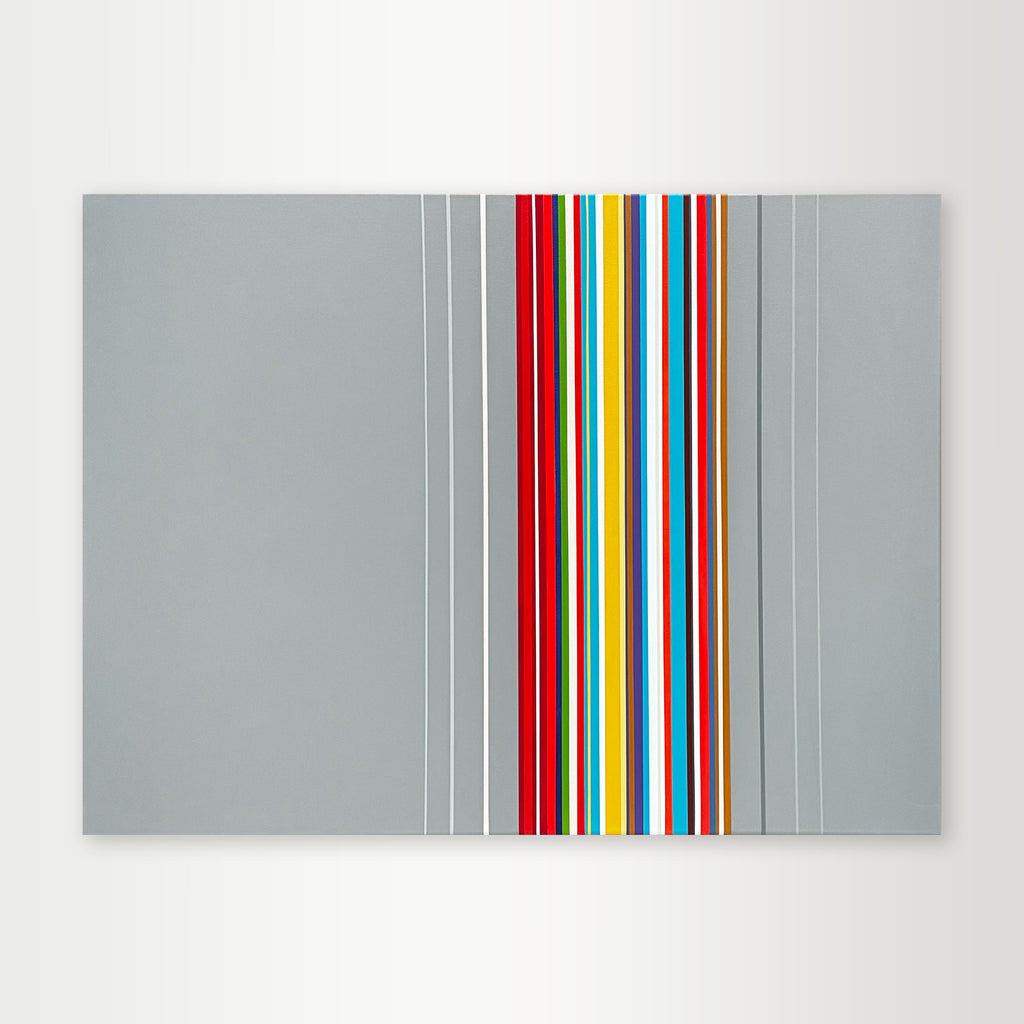 "Today" - A minimalist hard-edge geometric abstract by Elena Alexander with gray background and multicolored vertical stripes