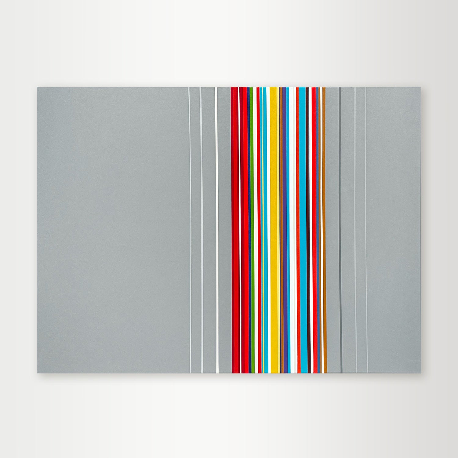 "Today" - A minimalist hard-edge geometric abstract by Elena Alexander with gray background and multicolored vertical stripes