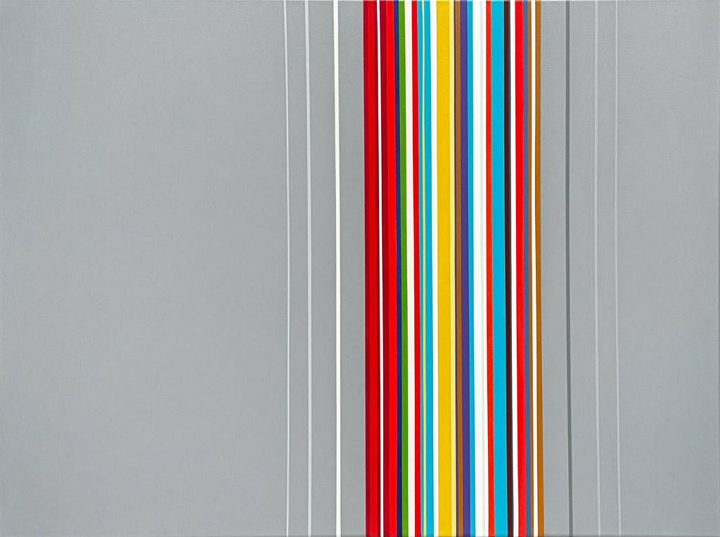 Hard-edge geometric abstract painting ‘Today’ by Elena Alexander, vertical multicolor stripes on a layered gray background, acrylic on canvas.