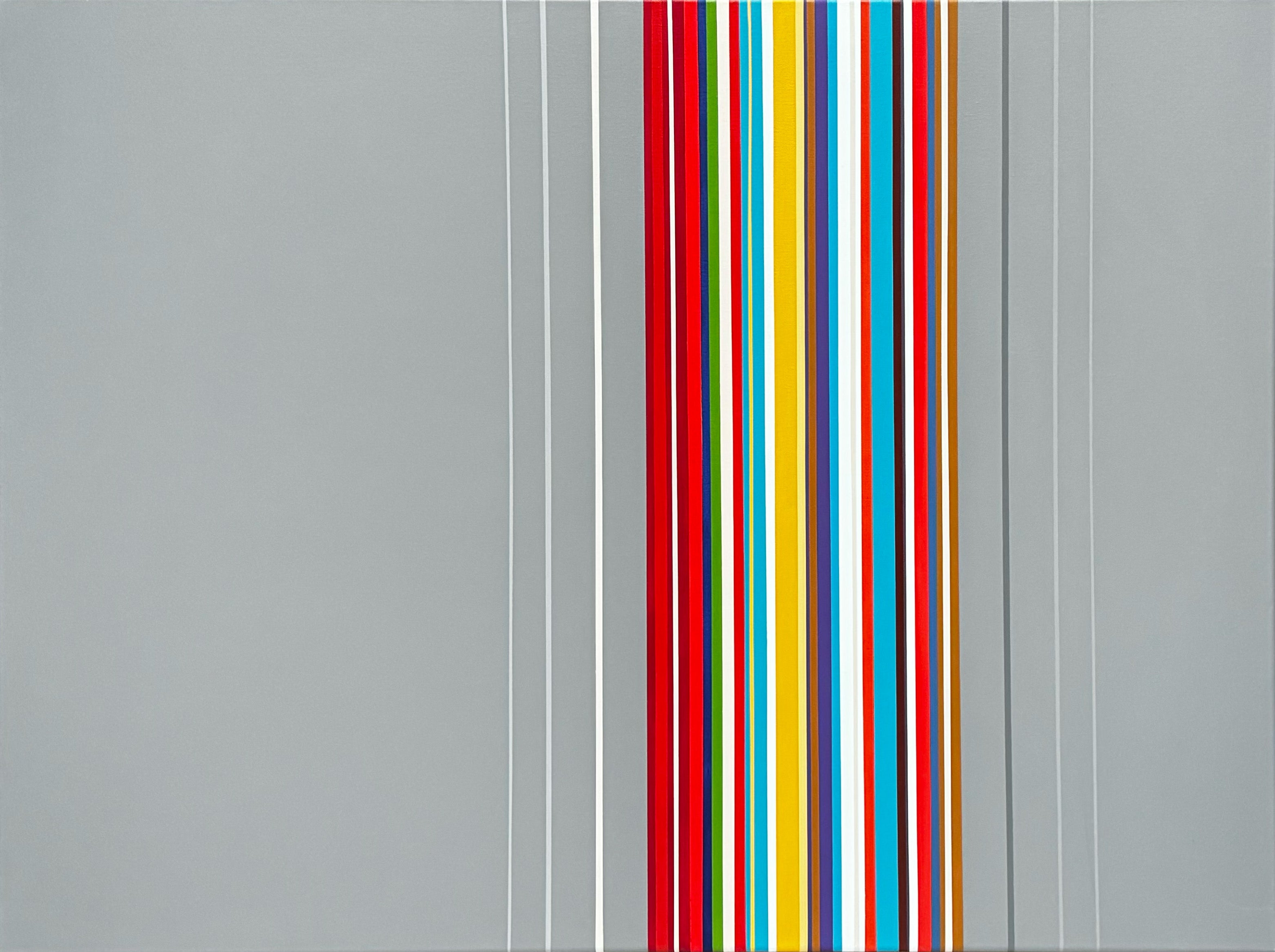 Hard-edge geometric abstract painting ‘Today’ by Elena Alexander, vertical multicolor stripes on a layered gray background, acrylic on canvas.