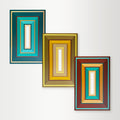 Triptych by Elena Alexander, geometric abstract paintings in aqua, gold, and terra tones on canvas.
