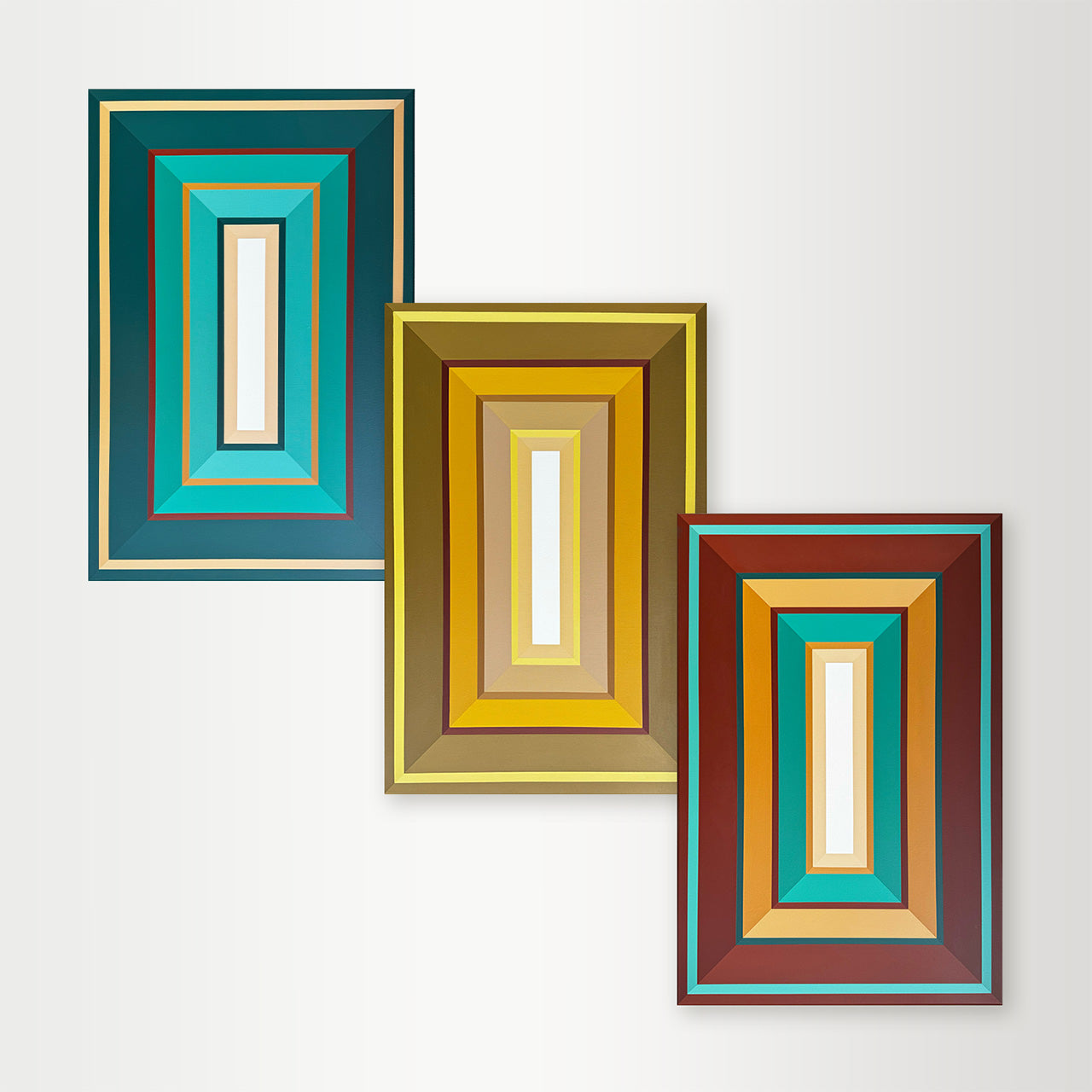 Triptych by Elena Alexander, geometric abstract paintings in aqua, gold, and terra tones on canvas.