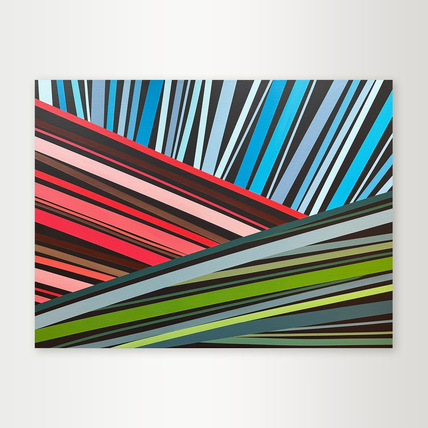Abstract art with colorful diagonal stripes on a white background