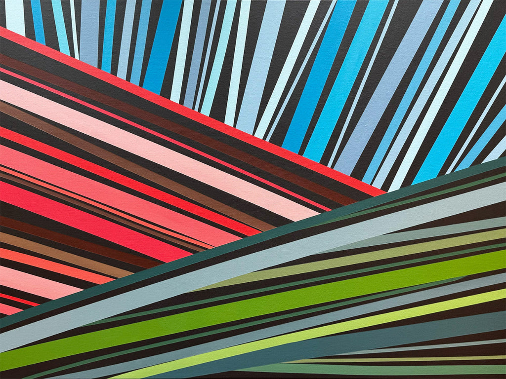 Abstract art with colorful stripes in red, blue, green, and black.