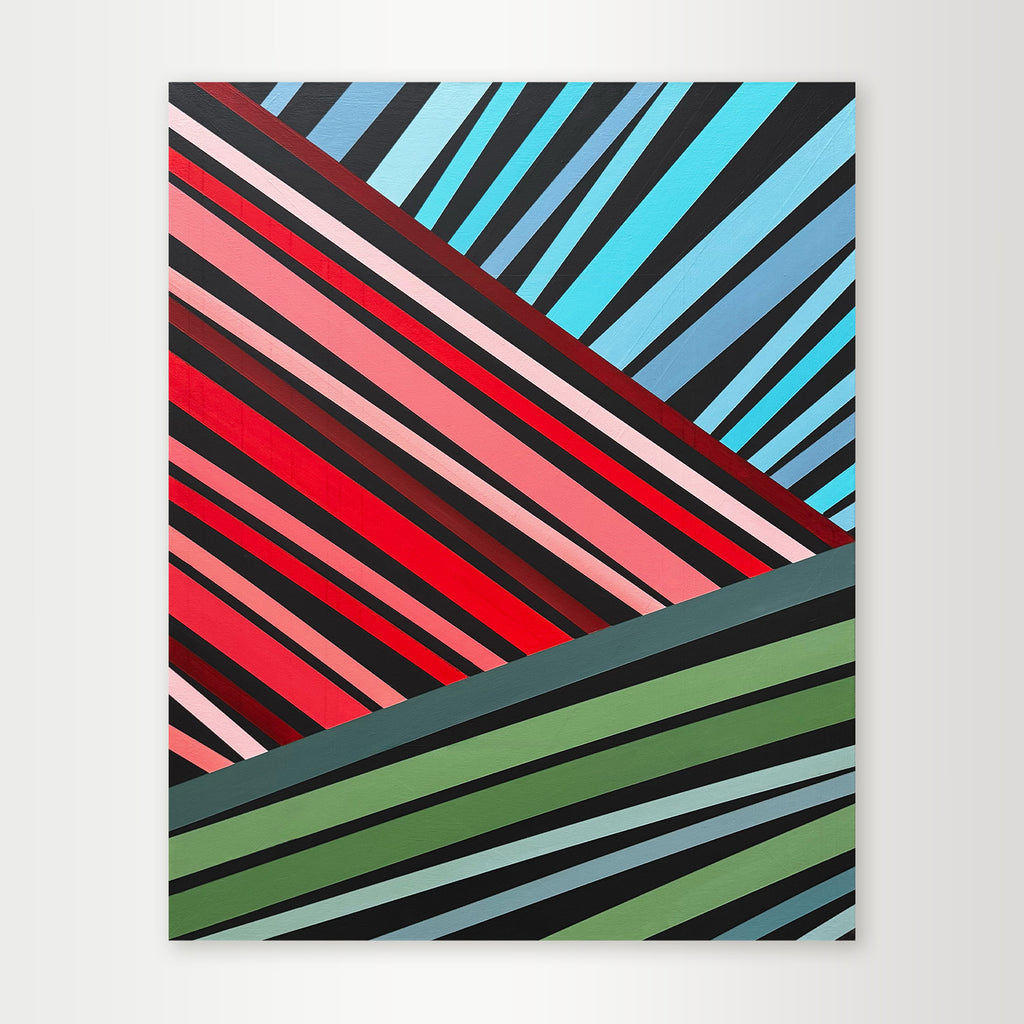 Abstract painting with diagonal stripes in red, blue, green, and black on a white background
