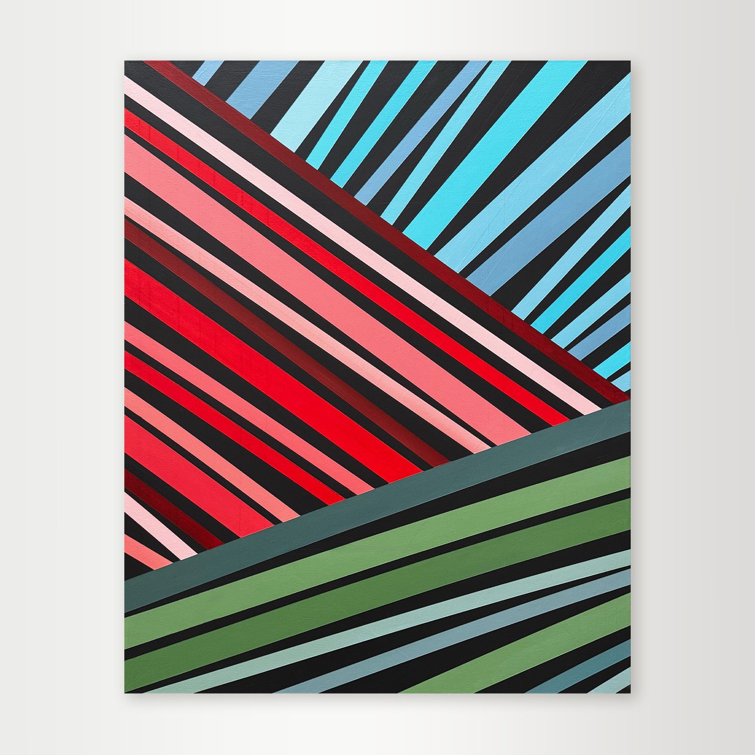 Abstract painting with diagonal stripes in red, blue, green, and black on a white background