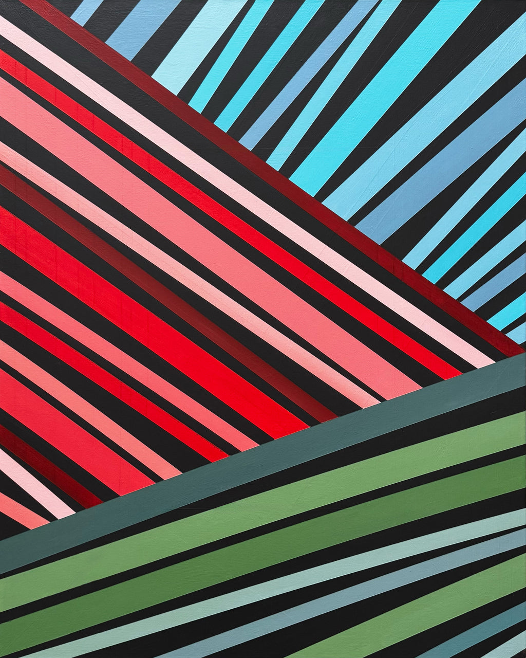 Abstract art with diagonal stripes in red, blue, green, and black.