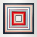 "In Other Words" - A hard-edge geometric abstract painting by Elena Alexander depicting concentric squares in shades of red, coral, blue, and grey.