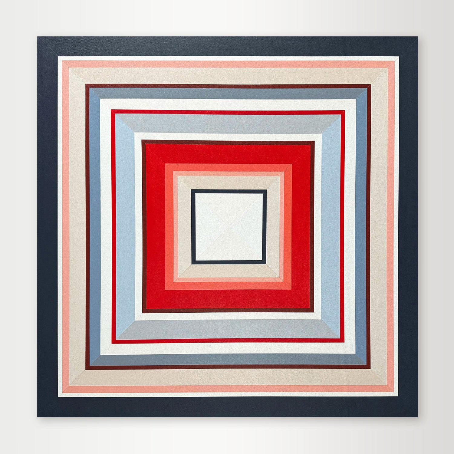 "In Other Words" - A hard-edge geometric abstract painting by Elena Alexander depicting concentric squares in shades of red, coral, blue, and grey.