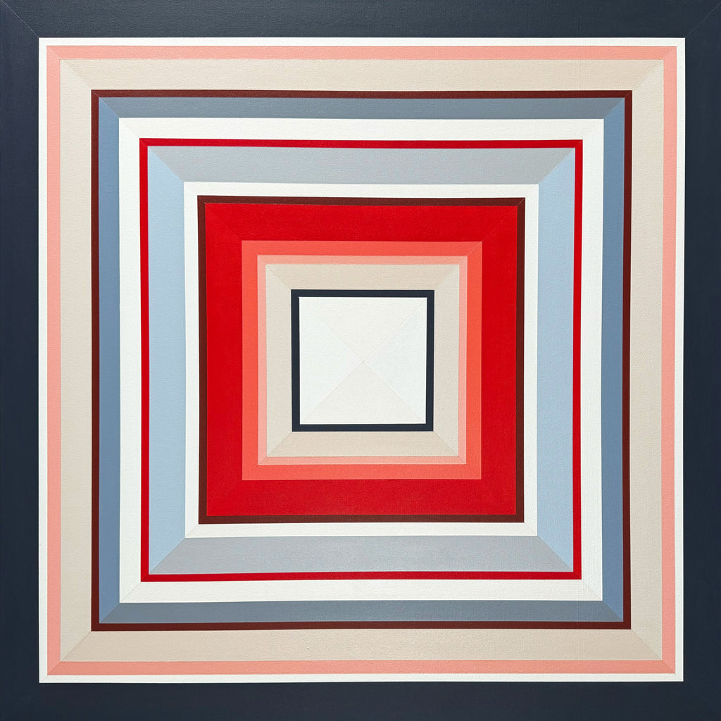 A high-resolution, straight-on view of the painting "In Other Words," highlighting the clean lines and smooth canvas texture of its layered geometric squares.