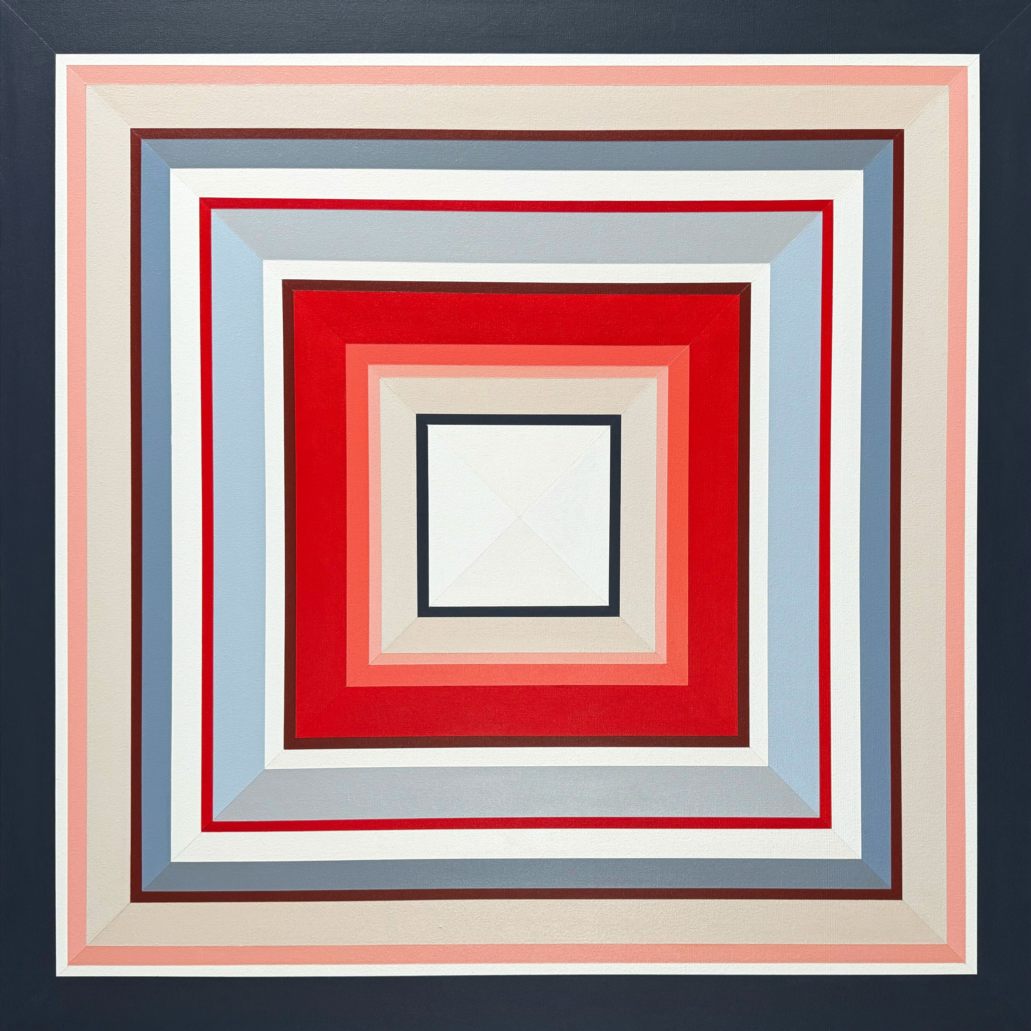 A high-resolution, straight-on view of the painting "In Other Words," highlighting the clean lines and smooth canvas texture of its layered geometric squares.