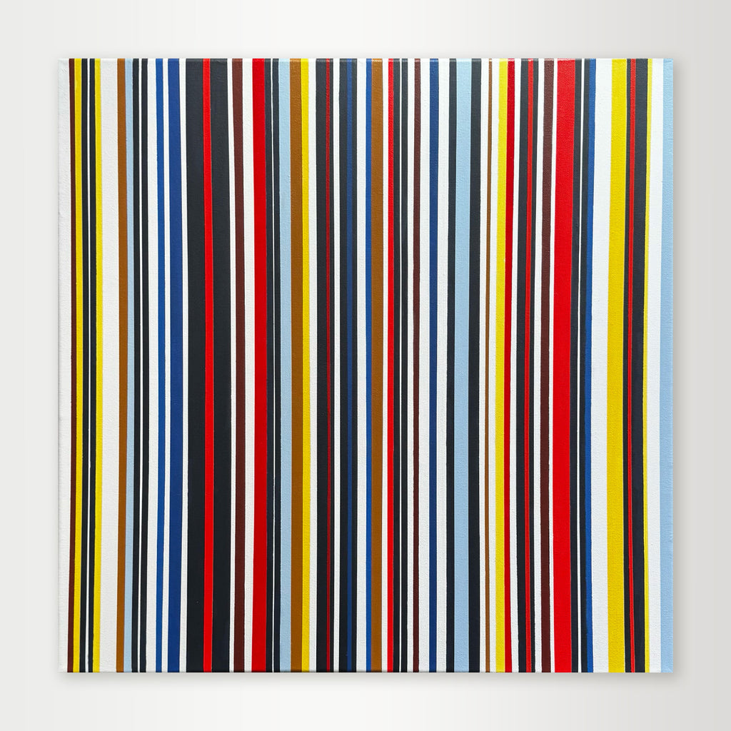 "Pinstripe" - A hard-edge geometric abstract by Elena Alexander, featuring a dense pattern of very thin, multi-colored vertical stripes that create a vibrant texture.