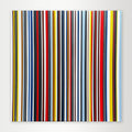 "Pinstripe" - A hard-edge geometric abstract by Elena Alexander, featuring a dense pattern of very thin, multi-colored vertical stripes that create a vibrant texture.