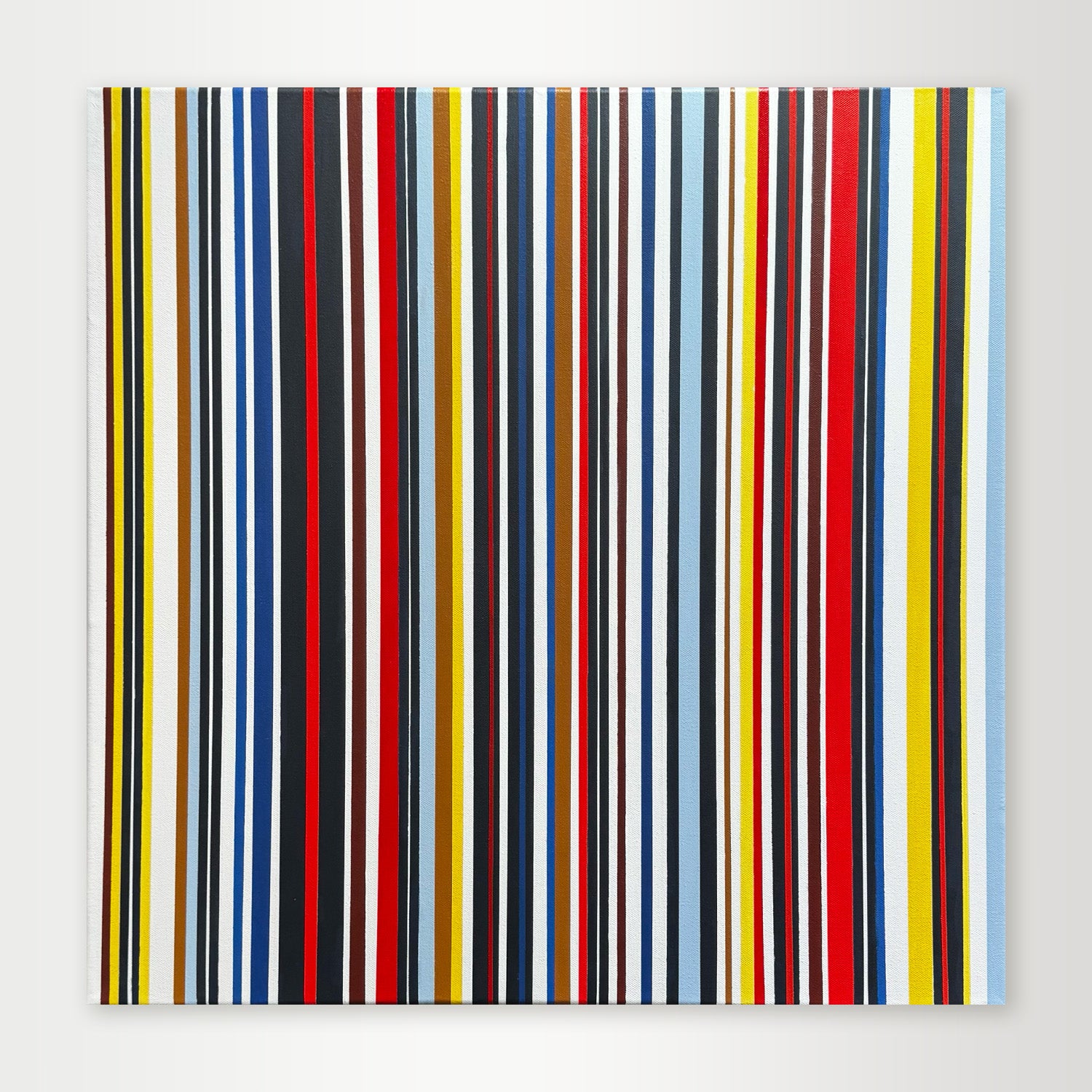 "Pinstripe" - A hard-edge geometric abstract by Elena Alexander, featuring a dense pattern of very thin, multi-colored vertical stripes that create a vibrant texture.
