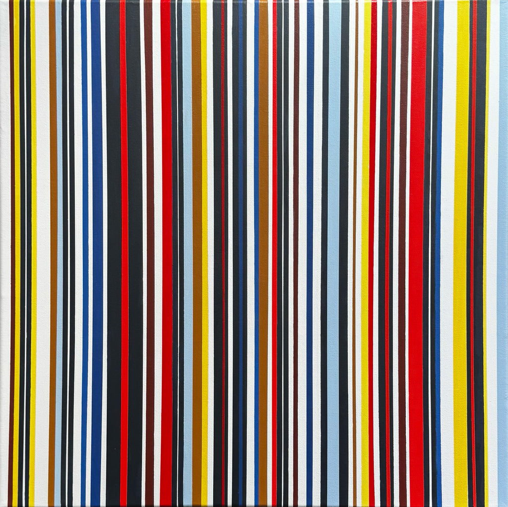 Geometric abstract painting ‘Pinstripe’ by Elena Alexander, vertical multicolor stripes in red, blue, yellow, dark blue, and white on canvas.