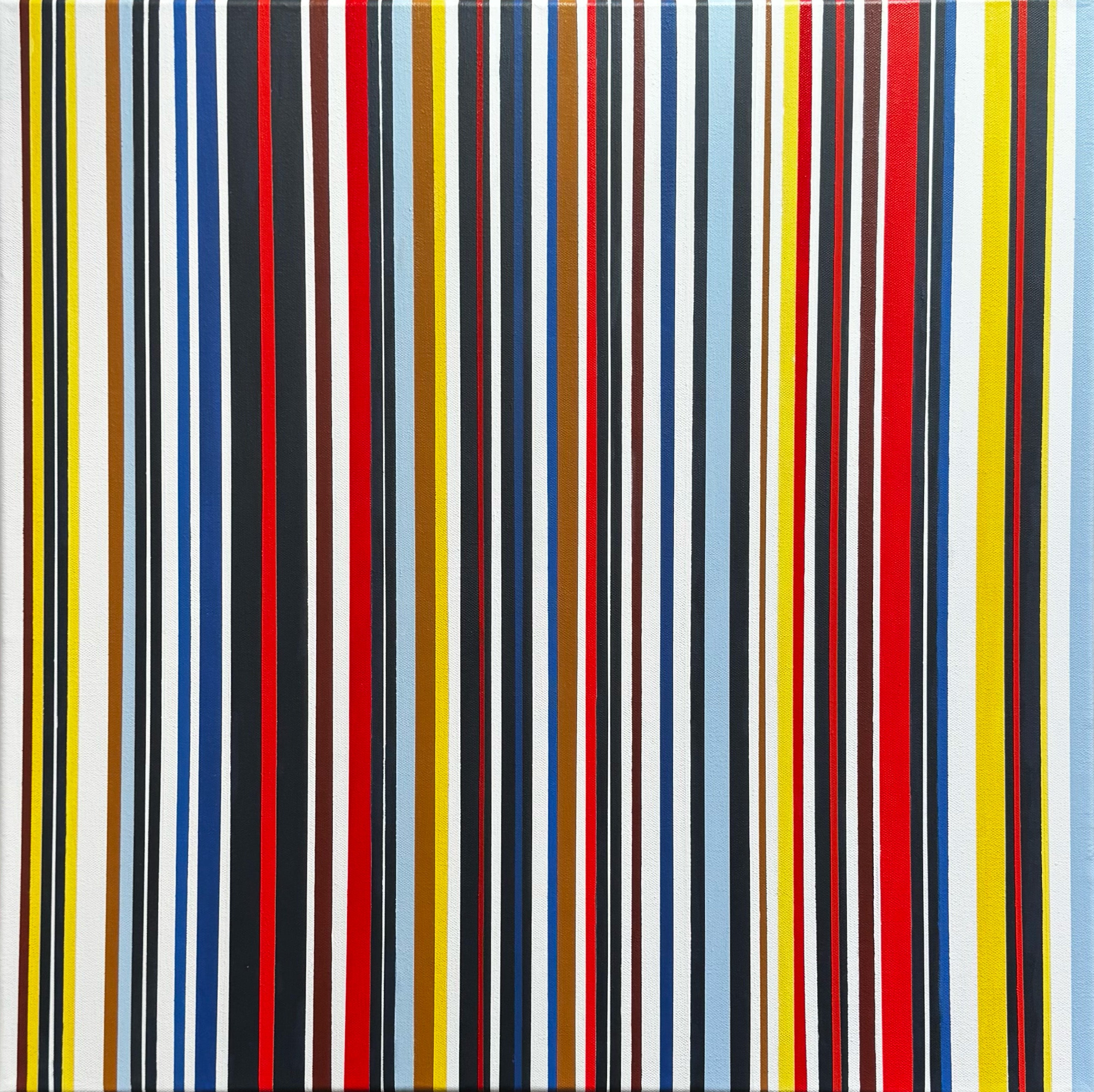 Geometric abstract painting ‘Pinstripe’ by Elena Alexander, vertical multicolor stripes in red, blue, yellow, dark blue, and white on canvas.