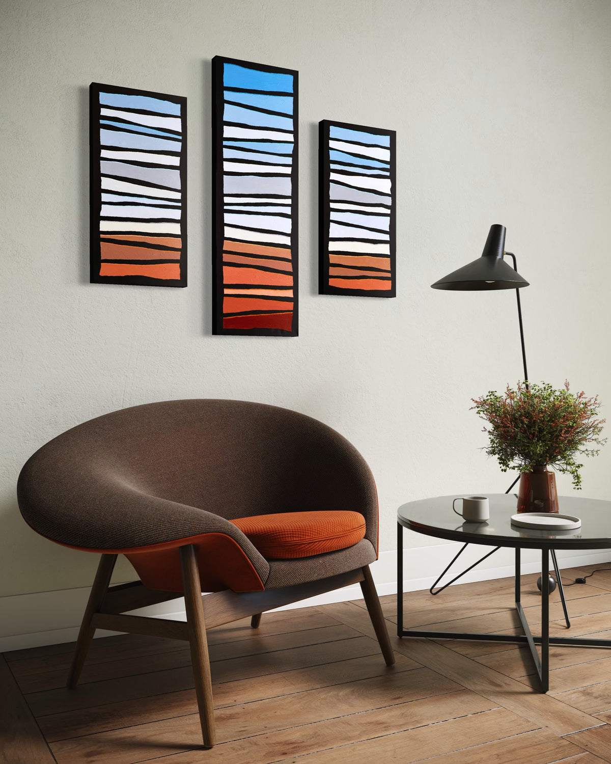 Pop Stripes: Terracotta Horizon - Three-panel Geometric Abstract Landscape