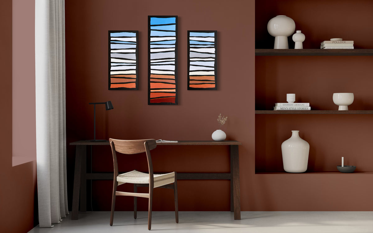 Pop Stripes: Terracotta Horizon - Three-panel Geometric Abstract Landscape