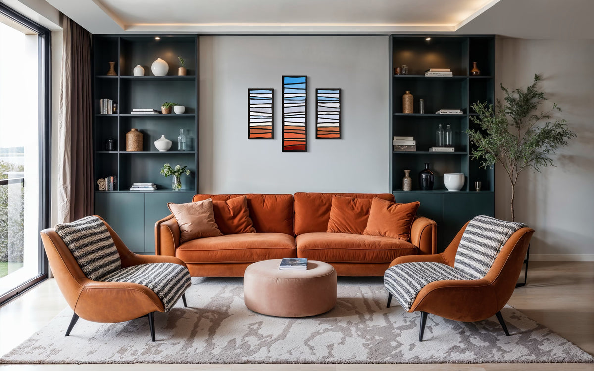 Pop Stripes: Terracotta Horizon - Three-panel Geometric Abstract Landscape